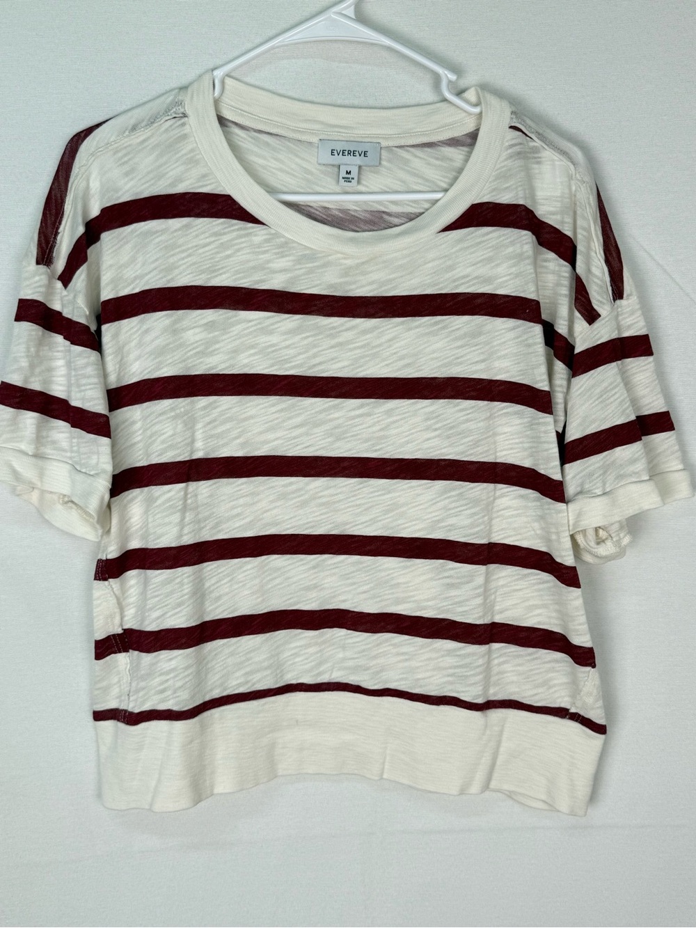 Evereve Women's Pima Cotton Cream & Burgundy Striped Short Sleeve Top